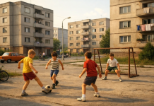 Copii jucând fotbal între blocuri în România anilor ’70