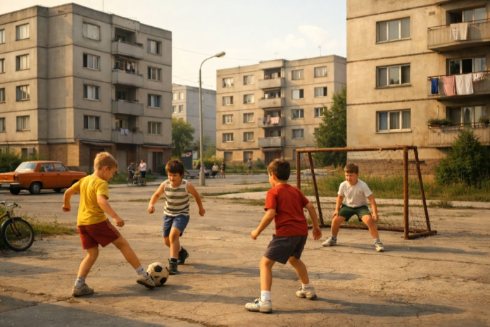 Copii jucând fotbal între blocuri în România anilor ’70