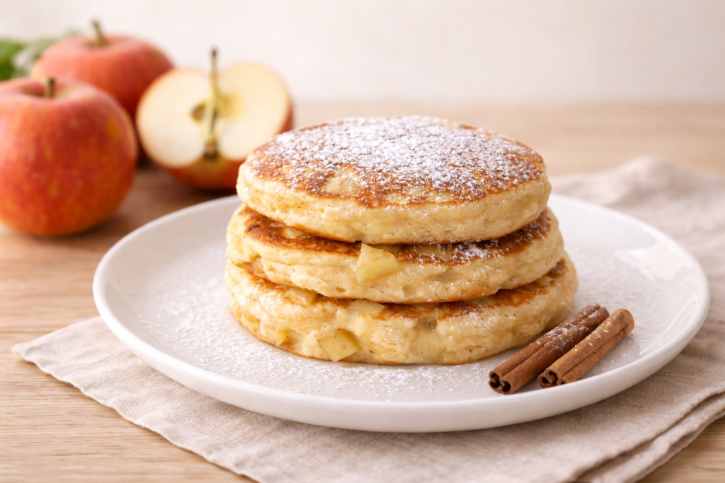 Clătite pufoase cu mere și scorțișoară servite calde pe farfurie