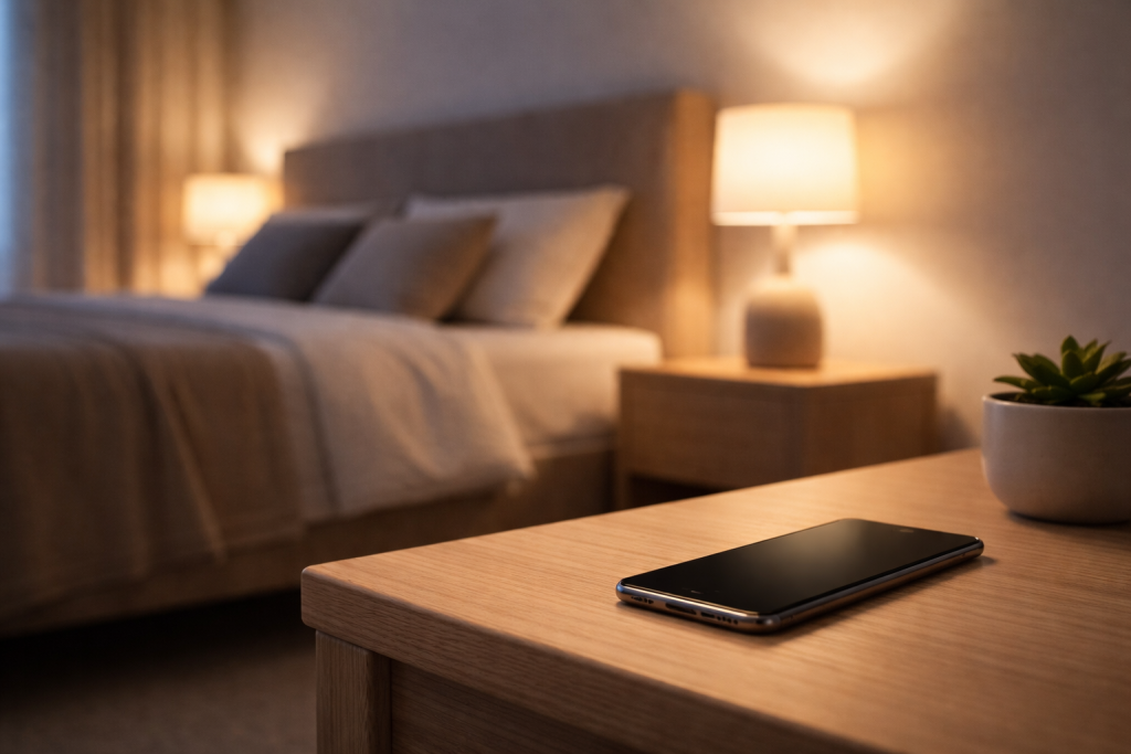 Telefon mobil pe noptiera langa pat intr-un dormitor modern