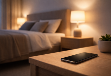 Telefon mobil pe noptiera langa pat intr-un dormitor modern