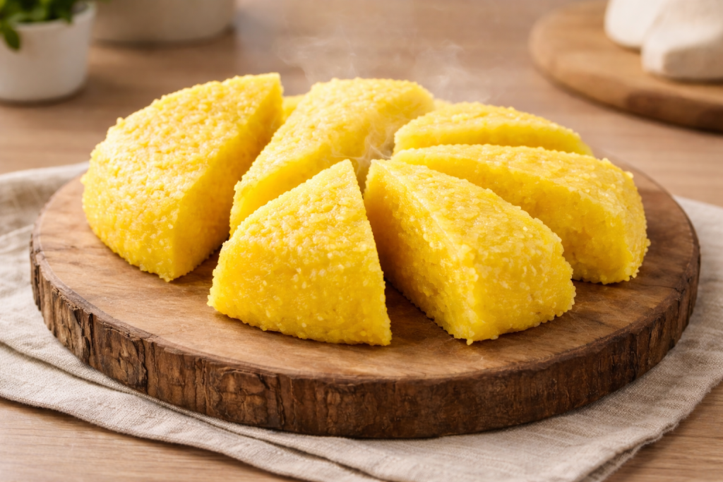 Mămăligă tradițională românească servită pe platou din lemn