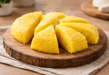 Mămăligă tradițională românească servită pe platou din lemn