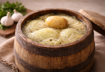 Varză murată într-un butoi tradițional, cu cartof crud pentru reducerea sării