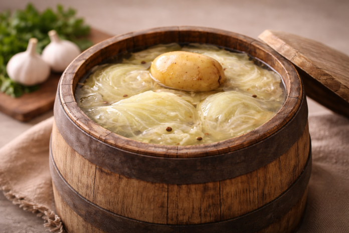 Varză murată într-un butoi tradițional, cu cartof crud pentru reducerea sării