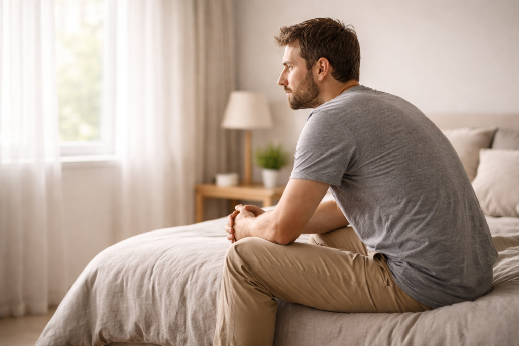 Persoană meditativă privind în gol, simbol al durerii sufletești