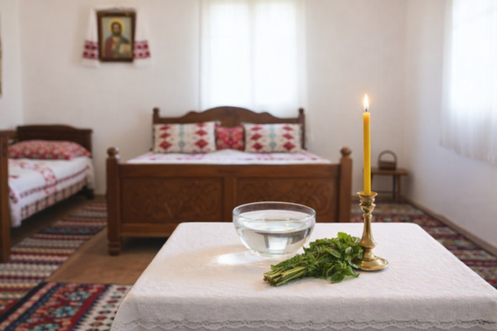 sfintire-casa-martie-binecuvantare.jpg Masă pregătită pentru sfințirea casei cu lumânare aprinsă și vas cu apă sfințită