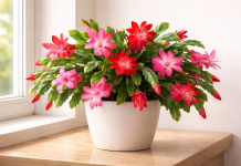 Cactus de Crăciun înflorit abundent într-un ghiveci luminos de apartament