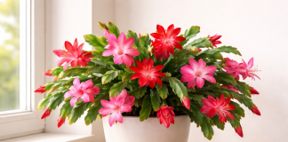 Cactusul de Crăciun poate înflori aproape tot anul. Ce fac cei care au flori spectaculoase în fiecare sezon Cactus de Crăciun înflorit abundent într-un ghiveci luminos de apartament