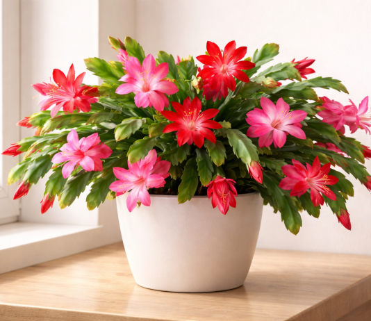 Cactusul de Crăciun poate înflori aproape tot anul. Ce fac cei care au flori spectaculoase în fiecare sezon Cactus de Crăciun înflorit abundent într-un ghiveci luminos de apartament