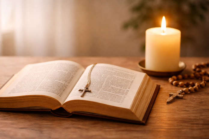 Lumânare aprinsă și carte de rugăciuni deschisă într-un cadru liniștit