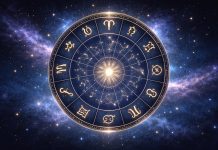 Cerc zodiacal luminos pe fundal albastru închis