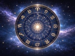 ASTROLOGUL ANGELA PEARL A FĂCUT ANUNȚUL: CE URMEAZĂ PENTRU FIECARE ZODIE PÂNĂ LA FINALUL LUI 2026 Cerc zodiacal luminos pe fundal albastru închis