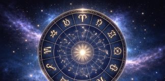 ASTROLOGUL ANGELA PEARL A FĂCUT ANUNȚUL: CE URMEAZĂ PENTRU FIECARE ZODIE PÂNĂ LA FINALUL LUI 2025 Cerc zodiacal luminos pe fundal albastru închis