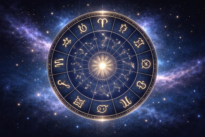 Cerc zodiacal luminos pe fundal albastru închis