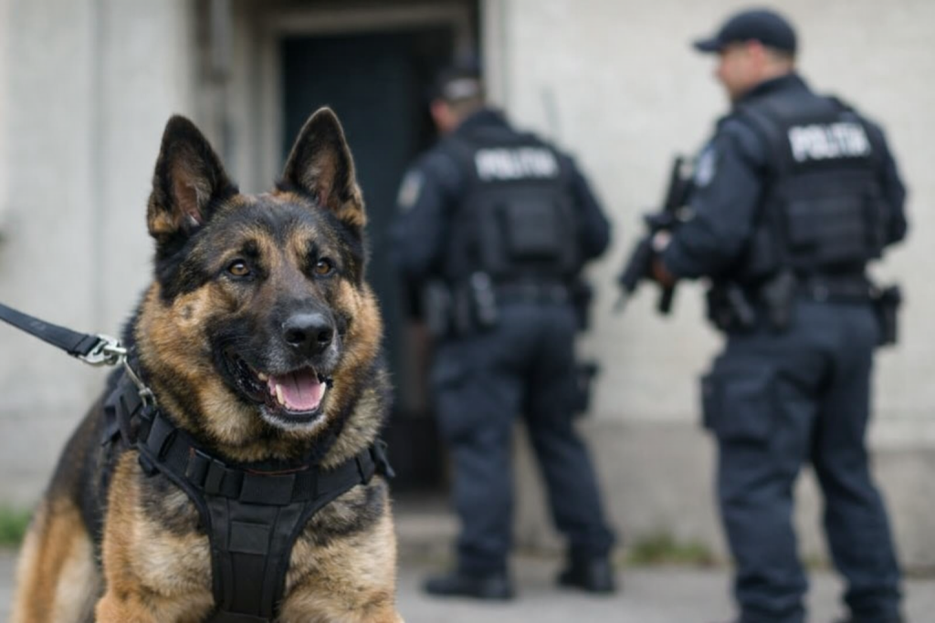 Câinele polițist Nino în timpul unei percheziții antidrog în Argeș