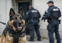 Câinele polițist Nino în timpul unei percheziții antidrog în Argeș