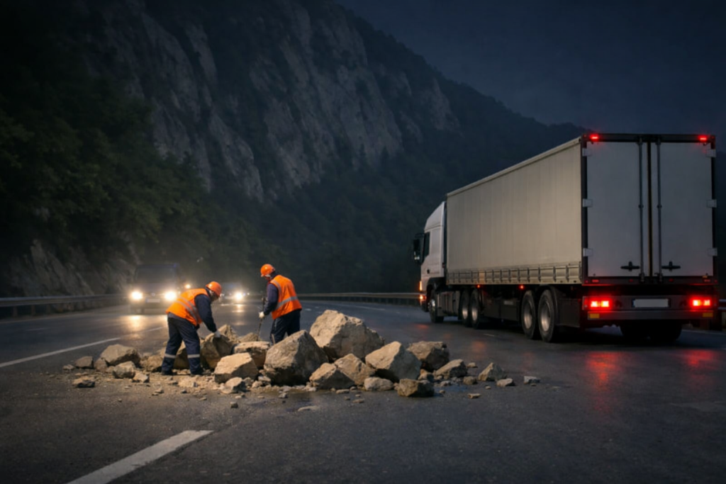 Pietre căzute pe carosabil pe DN7 Valea Oltului, intervenție echipe drumuri