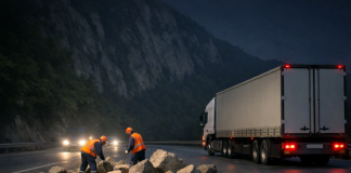 Pietre căzute pe Valea Oltului. Un TIR a fost avariat. Zona urmează să intre în lucrări de consolidare Pietre căzute pe carosabil pe DN7 Valea Oltului, intervenție echipe drumuri