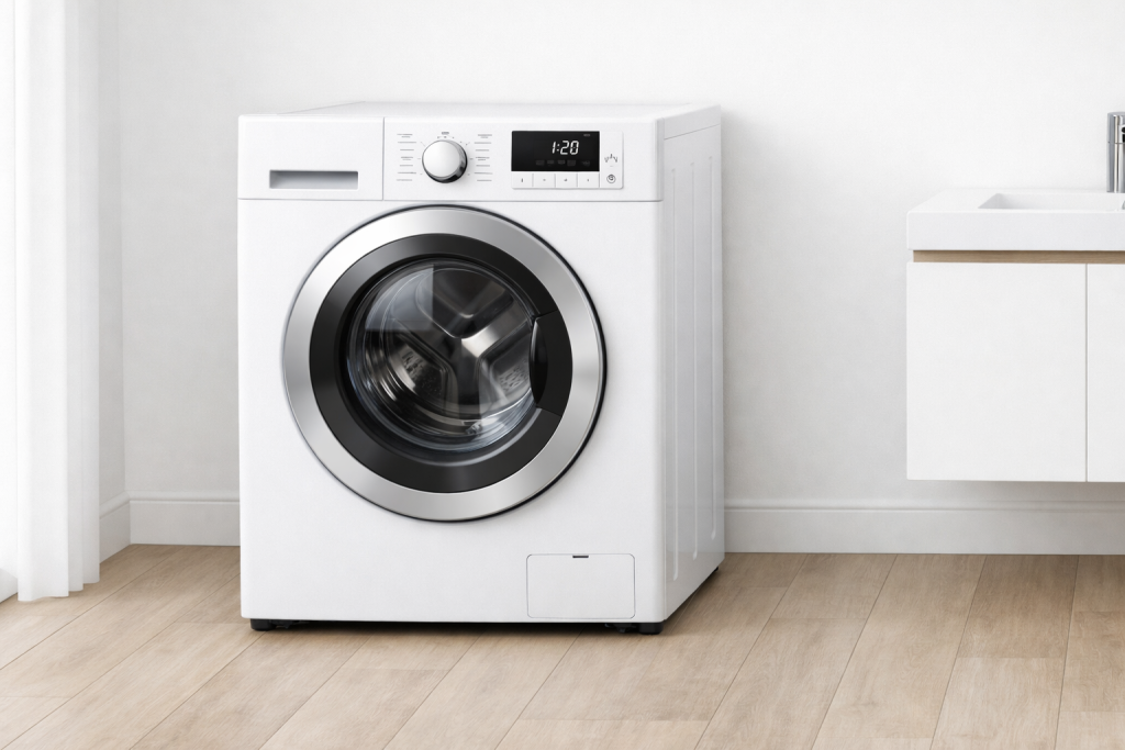 Mașină de spălat într-o locuință, simbol al muncii casnice