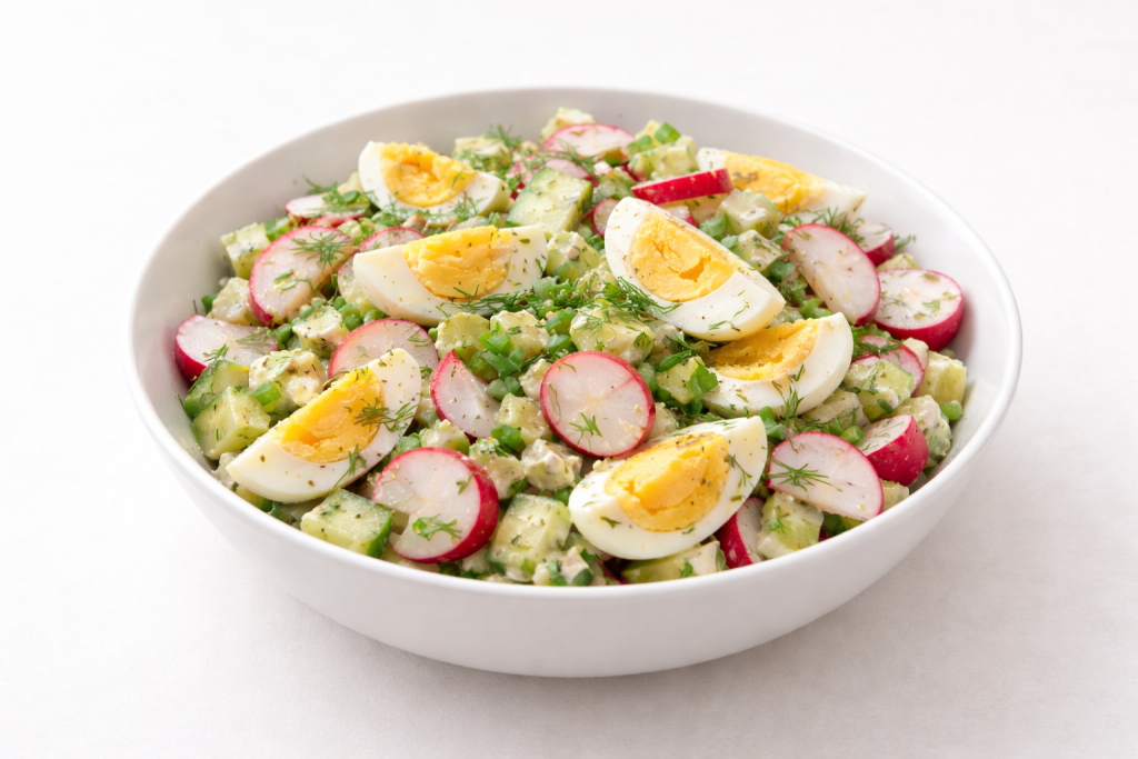 Salată germană cu ouă, ridichi și sos cremos