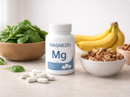 Efectele lipsei de magneziu – Iată cum recunoști deficitul de magneziu în organism Mână ținând pastile de magneziu lângă un pahar cu apă, simbol al deficitului de magneziu