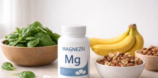 Efectele lipsei de magneziu – Iată cum recunoști deficitul de magneziu în organism Mână ținând pastile de magneziu lângă un pahar cu apă, simbol al deficitului de magneziu