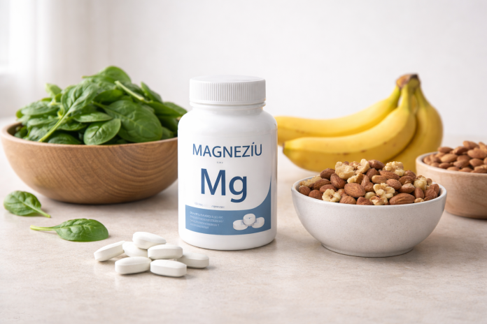 Mână ținând pastile de magneziu lângă un pahar cu apă, simbol al deficitului de magneziu