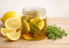 Cimbru, miere și lămâie. Combinația folosită în sezonul rece pentru tuse și disconfort în gât Borcan cu sirop natural din cimbru, miere și lămâie pentru sezonul rece
