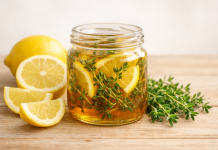 Borcan cu sirop natural din cimbru, miere și lămâie pentru sezonul rece