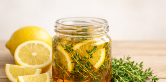 Cimbru, miere și lămâie. Combinația folosită în sezonul rece pentru tuse și disconfort în gât Borcan cu sirop natural din cimbru, miere și lămâie pentru sezonul rece