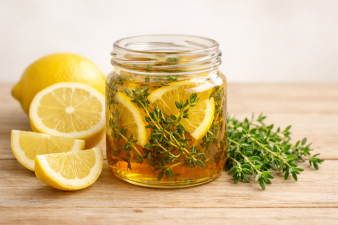 Borcan cu sirop natural din cimbru, miere și lămâie pentru sezonul rece