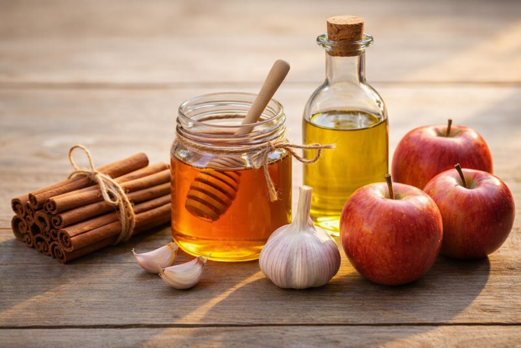 Scorțișoară, miere, usturoi, ulei de măsline și mere așezate pe o masă rustică
