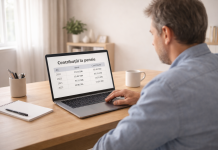 Persoană verificând online contribuțiile la pensie pe laptop