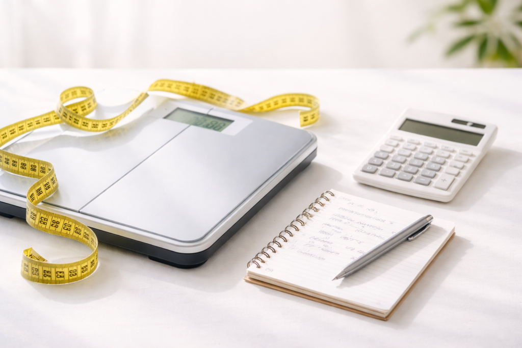 Persoană care își calculează indicele de masă corporală folosind calculator și cântar