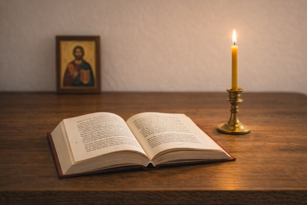 Carte de rugăciuni și lumânare aprinsă pentru rugăciune de sănătate