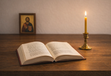 Carte de rugăciuni și lumânare aprinsă pentru rugăciune de sănătate