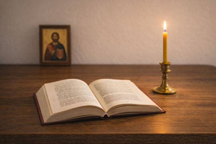 Carte de rugăciuni și lumânare aprinsă pentru rugăciune de sănătate