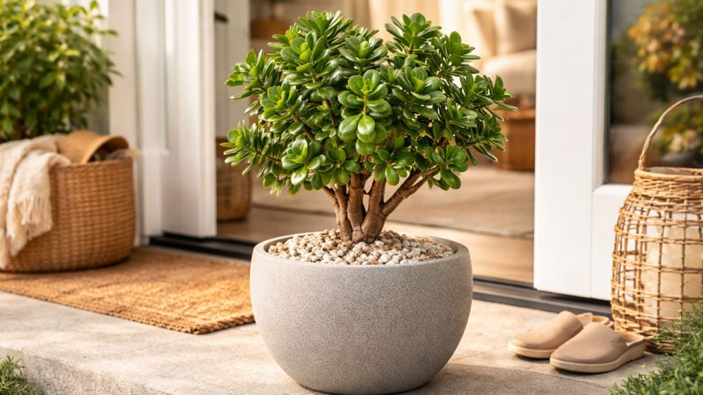 Plantă arborele banilor așezată lângă intrarea în casă, simbol al prosperității și energiei pozitive