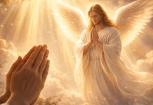 Arhanghel luminos în lumină aurie, simbol al protecției și ajutorului spiritual