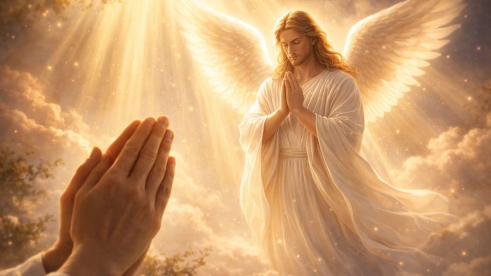 Arhanghel luminos în lumină aurie, simbol al protecției și ajutorului spiritual