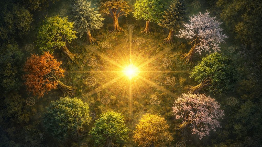 pădure mistică cu simboluri druidice și lumină naturală