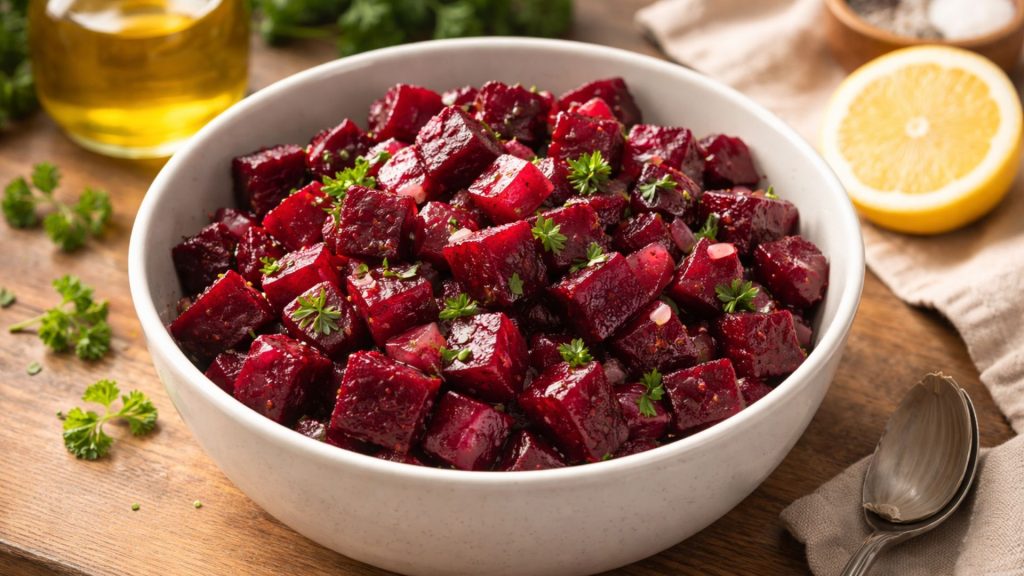 Salată de sfeclă roșie cu ceapă și lămâie într-un bol, aliment natural pentru susținerea digestiei