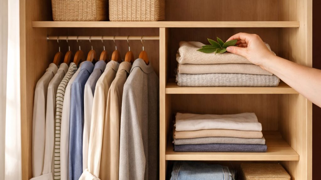 Dulap cu haine și frunze de dafin folosite pentru parfum și protecție împotriva moliilor