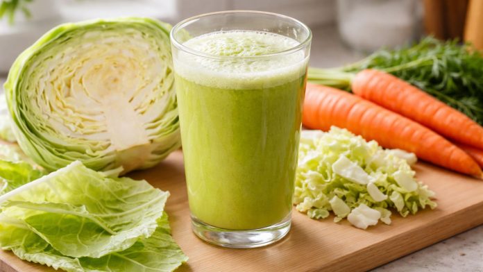 Pahar cu suc de varză și legume proaspete, preparat natural pentru susținerea digestiei