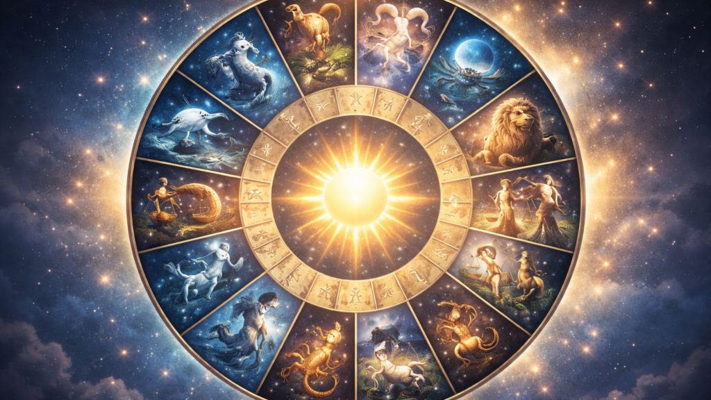Ilustrație cu cerc zodiacal împărțit în 12 segmente și siluetă umană simbolizând destinul în funcție de luna nașterii