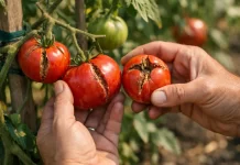 De ce crapă roșiile exact înainte să se coacă. Greșeala pe care mulți o fac în iunie fără să știe Roșii crăpate pe plantă din cauza udării greșite în timpul verii