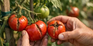 De ce crapă roșiile exact înainte să se coacă. Greșeala pe care mulți o fac în iunie fără să știe Roșii crăpate pe plantă din cauza udării greșite în timpul verii