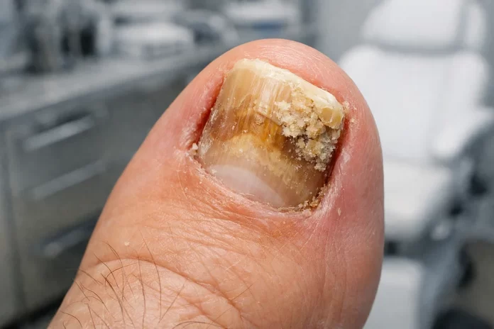 Unghie afectată de onicomicoză prezentată într-un cabinet dermatologic