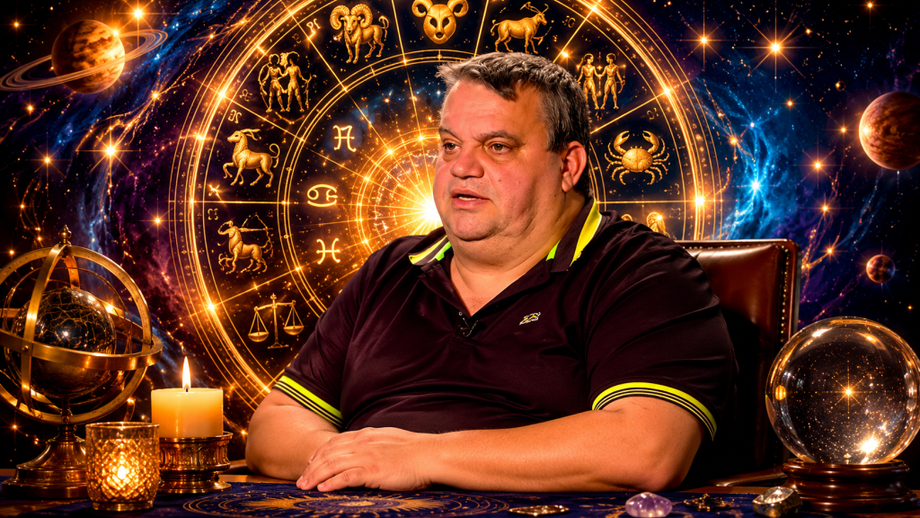 Marian Golea într-un decor astrologic cu simboluri zodiacale și energie astrală care sugerează schimbări importante în anul 2026